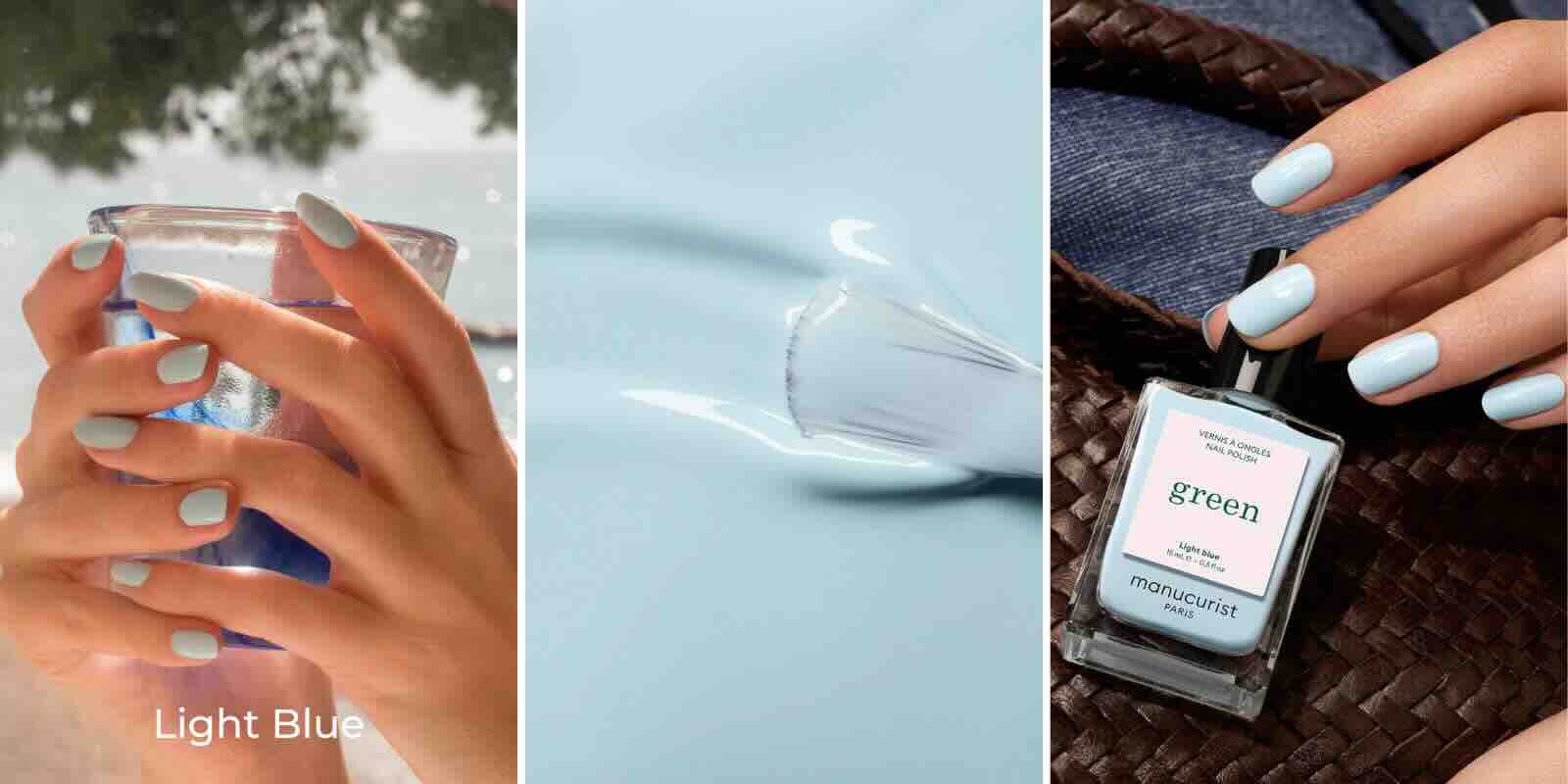 Light Blue GREEN™ Manucurist, vernis pastel bleu ciel doux et tendre, manucure aérienne sur fond de ciel et paysage, avec swatch couleur, pour des ongles délicats et légers.